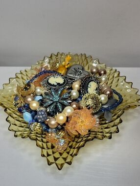 Vintage Glass Trinket Bowl with Assorted Jewelry
